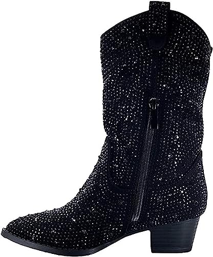 Forever Girls/Kids Rhinestone Western Cowgirl Cowboy Pointed Toe Low Heel Boots River-11K Black 14