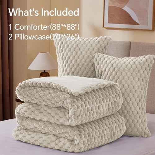 BEDELITE Fluffy Queen Comforter Set - Linen Fleece Soft Comforter for Queen Size Bed, Luxury Warm Bedding Set for Winter, Fuzzy Bed Set 3 Pieces (1 Comforter, 2 Pillowcases)
