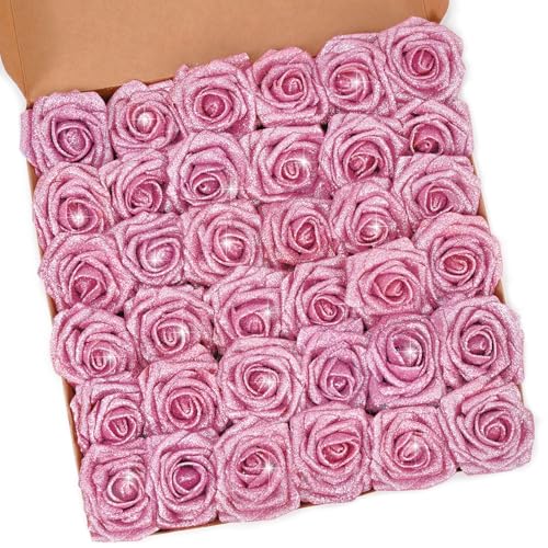 36Pcs Roses Artificial Flowers, Glitter Pink Roses Foam...