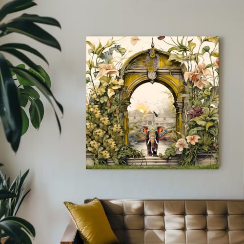Image of PAINTINGMANTRA Stretched Canvas Painting Mughal Garden with Elephant Modern Wall for Home Decor, Living Room, Wall Decoration Paintings (Green, Size: 22x22 Inch)