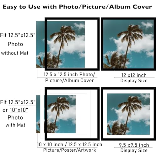 Image of JCJMY 12.5x12.5 Vinyl Record Frame with 10x10 Mat for Vinyl Record Album Cover Poster, Display Picture 10x10 with Mat or 12.5 x 12.5 Without, Wall Hanging Record Frame with Plexiglass, Black