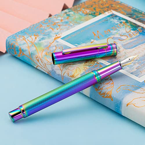 Image of Hongdian Rainbow Forest Fountain Pen Blade Nib Classic Design Calligraphy Pen with Converter and Metal Pen Case Set