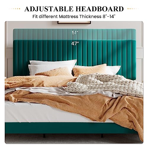 Image of SHA CERLIN King Upholstered Platform Bed Frame with Vertical Channel Tufted Velvet Fabric Adjustable Headboard, Wooden Slats Support, Mattress Foundation, Box Spring Optional, Teal