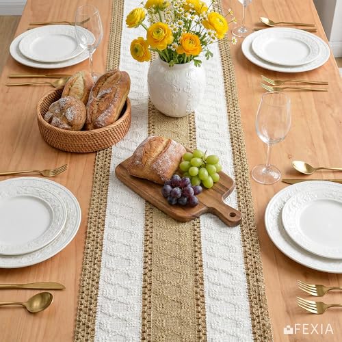 Image of FEXIA Boho Table Runner with Tassels for Home Decor Farmhouse Rustic Table Runner Macrame Burlap Woven Dinning Decoration for Living Room Bridal Shower Independence Day Decorations(12x72 Inches)