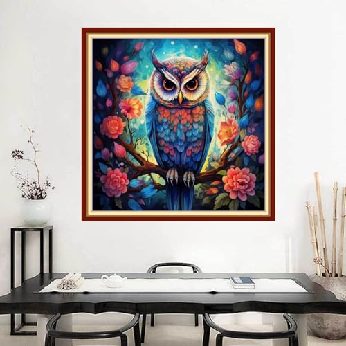 Image of Joyhoor Stamped Cross Stitch Kits for Beginners Needlepoint Kits for Adults Embroidery Kits 11CT Counted Cross Stitch Kits Printed Embroidery Pattern-Flower owl 18x18 inchs
