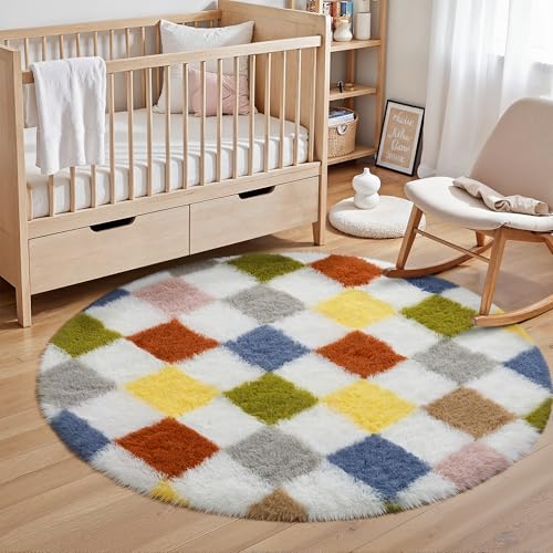 PureCozy Checkered Rug 4x4 for Living Room, Colorful Modern Shag