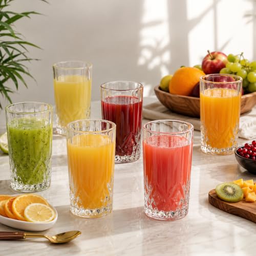 Image of bellemax Crystal Water Glasses, Set of 6, 360 ml, Highball Premium Drinking Glass for Juice, Cold Drinks, Cocktails, Mocktails, Beer, Milk, Multipurpose Usage, Heavy Base (BX-13)