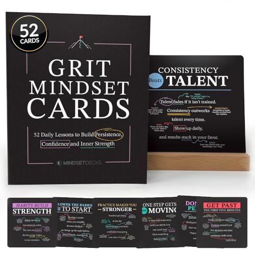 Grit Mindset Cards 52 Daily Habits for Persistence Resilience & Confidence Motivational Mindset Cards for Kids Teens & Adults Includes Wooden Display Stand Gift for Teachers & Coaches