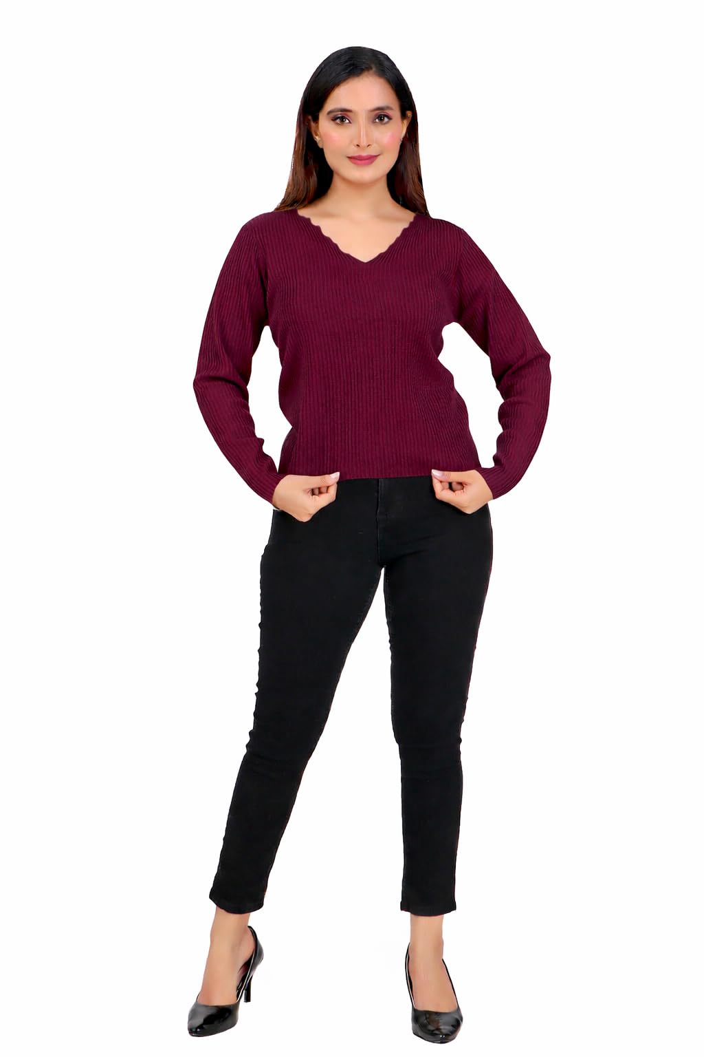 Women’s Knitted Top | Soft Lightweight Top for Mild Winter & Cool Weather | Stylish Scallop V-Neck | Full Sleeve Casual Wear Pullover for Women