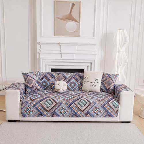 Image of HOMETHREADS Premium Style Anti Slip Sofa Cover Set | Cotton Sofa Slipcover | 1Pc Front Cover with Attached Armrest + 1Pc Back Cover (Sqaure Blue, 4 Seater | 200x185cm)