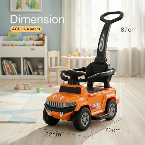 Image of Baybee Speedy Pro Baby Ride on Car for Kids with Parental Handle | Portable Kids Car with LED Lights, Music, Backrest & Basket | Toy Rideons Jeep | Toddler Push Baby Cars for 1 to 3 Years (Orange)
