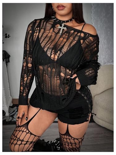 Image of RoseSeek Women's Plus Size Y2K Cut Out Long Sleeve Punk Sweater See Through Knitwear Open Knit Grunge Tops