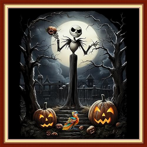 Image of Foxdiviy Stamped Cross Stitch Kits Full Range of Embroidery Needlework Starter Kits for Beginners Adults 11CT Embroidery Patterns Art Crafts DIY Needlepoint Kits-Skull Moon 18x18 inch