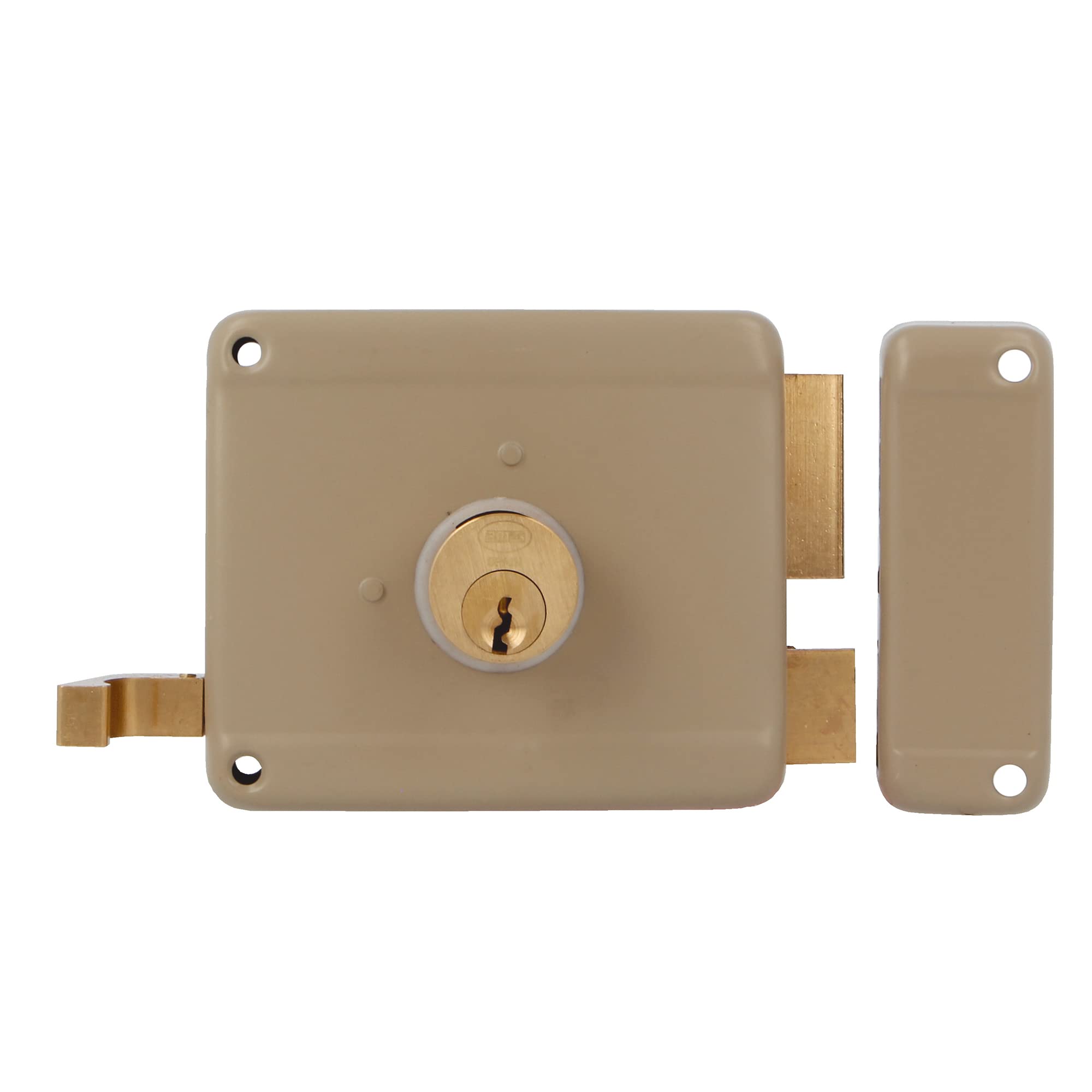 Amig - Serratura a Soprapponere Destra con leva di Chiusura, Linguetta e Maniglia per Porte in Legno Mod. 78 | 100 x 85 mm | Chiavistello con Cilindro Rotondo a Dente di Sega | Acciaio Beige