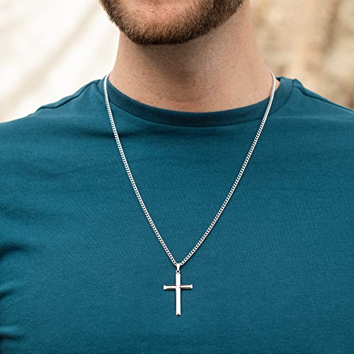 Men's Sterling Silver Catholic Cross Pendant Necklace, Masculine and Rugged 925 Sterling Silver Beveled Edge Cross Pendant, 24" (Inch) Stainless Steel Curb Chain Necklace with A Spring Ring Clasp4