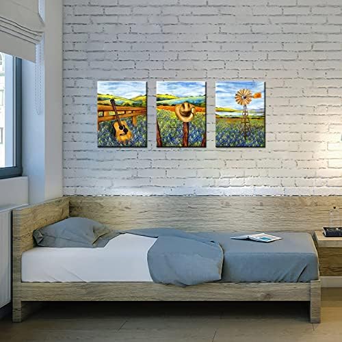 sechars 3 Piece Texas Canvas Wall Art Bluebonnets Field Farm Windmill Landscape Painting Western Decor Cowboy Hat Guitar Pictures Art for Farmhouse Home Living Room Decor Ready to Hang (Small)