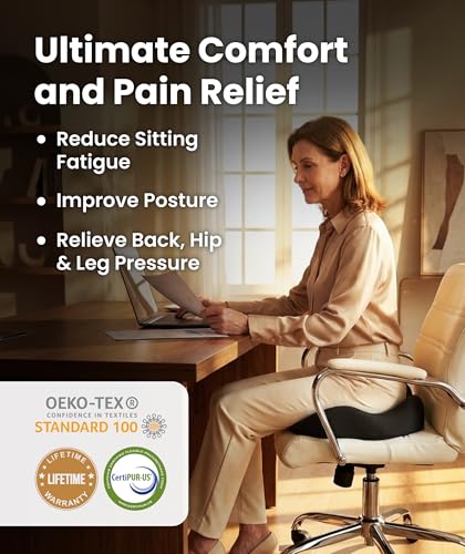 Image of Elevate Series by Everlasting Comfort Doctor Recommended Memory Foam Seat Cushion for Office Chairs & Car - Ergonomic Desk Accessories - Cushions for Tailbone Pain Relief (Charcoal Black, Large)