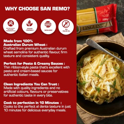 Image of San Remo Linguine Pasta 500g | Healthy No Maida | Australian Durum Wheat Semolina | Ribbon Cut | Perfect for Alfredo, Pesto & Seafood | Vegan