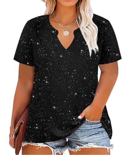 CARCOS Plus Size Tops for Women Summer Short Sleeve V Neck T Shirts Pleated Casual Business Tunic Blouses XL-5XL