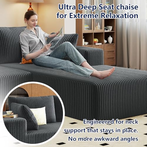 Image of 96 inch Modular Sectional Sofa, Modern Corduroy Cloud Couch with Deep Seat, Boneless Couch Upholstered 3-Seater L-Shaped Sofa for Living Room, No Assembly Required (Dark Grey, Right-Facing Chaise)