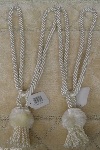 Classic Touch Set of 2 Rope Cord Curtain TIEBACKS with Tassel, White