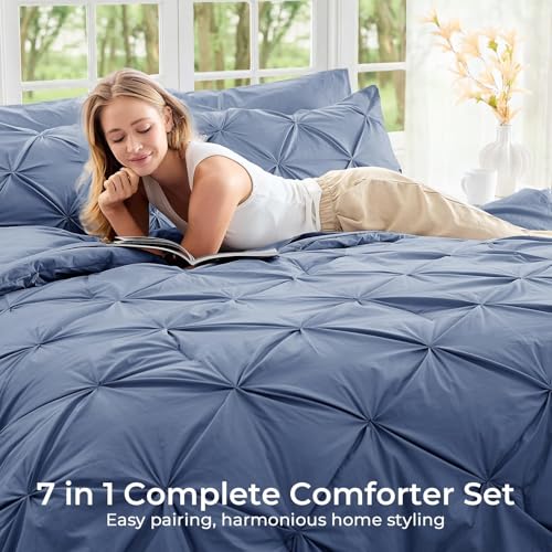 Image of Sasttie King Size Comforter Set, 7-Piece Bed in a Bag, Pintuck Bedding Set for All Season, Includes Comforter, Flat Sheet, Fitted Sheet, Pillowcases and Pillowshams, Slate Blue