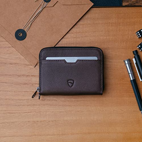 Image of Vaultskin Minimalist Leather Zipper Wallet. Small RFID-Blocking Multi-Card Holder with Coin Compartment MAYFAIR, Brown, Small Zipper Wallet With Rfid Blocking