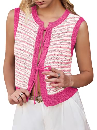 Image of Yousify Womens Tie Front Tops Tie Back Sweaters Vest Crochet Cardigan Crop Top Cardigan Crop Shirts Rose Pink L