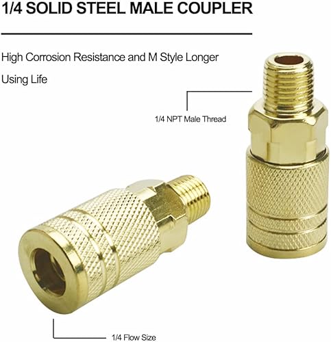 Miniatura 2 de Juego de 10 acopladores de aire macho, rosca NPT de 14 de pulgada y herramienta de conexión rápida de tamaño de cuerpo, acoplador estilo M de grado