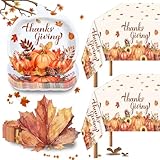 24 Guest Thanksgiving Plates and Napkins Party Supplies Include Give Thanks Tablecloth Pumpkin Paper Plates Maple Leaf Napkins Tableware Set Disposable for Fall Autumn Harvest Party Dinner Table Decor