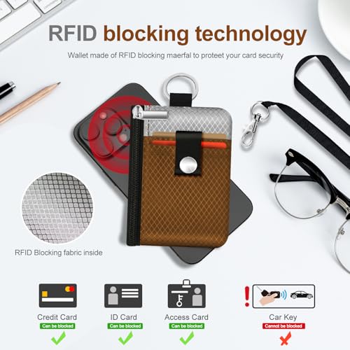Image of Minimalist RFID Blocking Small Wallet with ID Window,WaterResistant Zip Id Case Wallet with Lanyard Keychain for Cards,Cash,Travel,Women,Men (Brown /Light Grey)