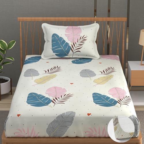 Image of Premium Heavy Cotton Elastic Fitted Bedsheets with 1 King Size Pillow Covers | Single Bed with All Around Elastic 350 TC | 36 x 78 x 6 Inch Single Size Fitted | - Colorfull Wings