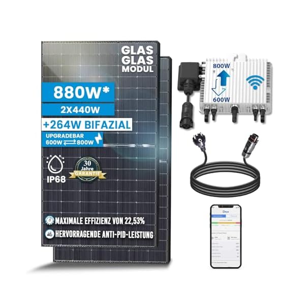 Solar-Hook® 880W Balkonkraftwerk 800W komplett Steckdose - Balkonkraftwerk 800 Watt upgradebarer DEYE Wechselrichter 800W, 2x440W Bifaziale Glas/Glas Solarmodule im Solaranlage Komplettset