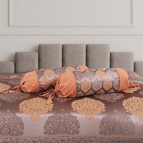 Image of Victor Poly Cotton Styria Satin Geometrical Pattern Diwan Set - 8 Pcs (Greyish Beige, Bed Cover - 60 inchx90 inch, 2 Bolsters - 16 inch x 32 inch & 5 Cushion Covers - 16 inch x 16 inch)