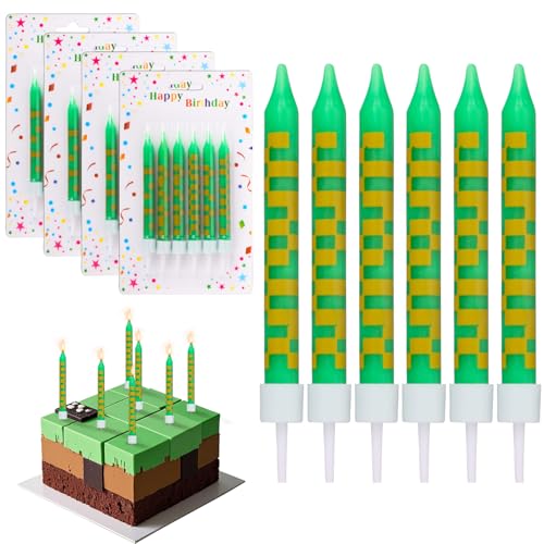Fzyisw Lot de 24 bougies d'anniversaire en forme de pixel pour décoration de gâteau, jeu de mineur, bougies vertes Happy Birthday pour garçons