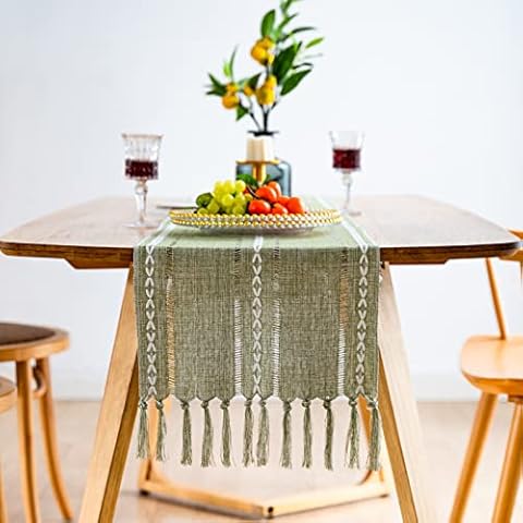 Green Farmhouse Table Runner Handmade Tassel Rustic Linen Table Runners 72 Inches Long Farmhouse Style Runner for Kitchen Dining Table Decor 13 x 72 Inch Sage Green Cover