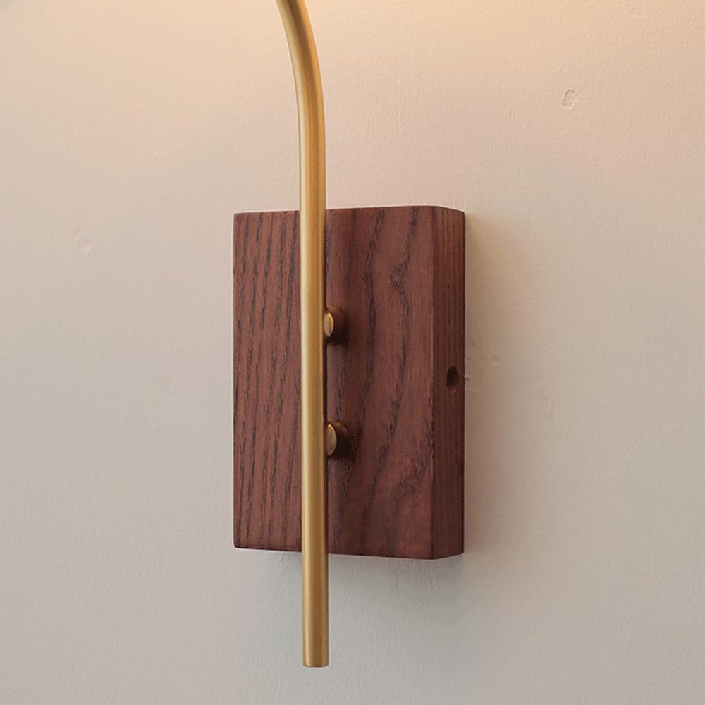 Applique da Parete Rustica Industriale con Supporto a Colonna in Ottone, Lampada da Parete Vintage in Legno con Paralume in Tessuto Svasato, apparecchio di Illuminazione per Arredamento Rustico p