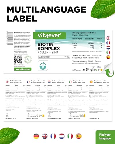 vit4ever Biotin Komplex + Selen + Zink für Haut, Haare & Nägel - 365 Tabletten - Ohne unerwünschte Zusätze -Hochdosiert - Vegan
