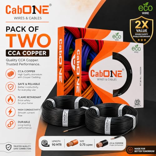 Image of CabONE 0.75 SQ.MM FR PVC Insulated Copper Electrical Wire, 90 Meter (Black, Pack of 2) | ISI Marked Fire Retardant Single Core Cable for Home Wiring