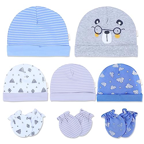 Image of DOKMA Organic Cotton Baby Mittens and Caps Set - Mittens for Newborn 0-6 Months - Ultra Soft, No Scratch - 5 Caps x 3 Mittens