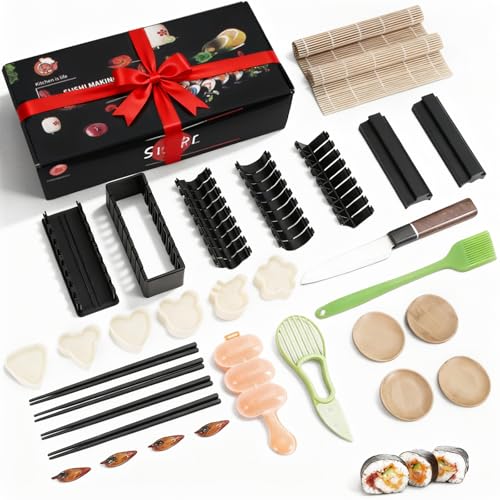 MLRYH Kit de fabricación de sushi, kit de 33 piezas para principiantes, kit de rodillo de sushi con molde de corte de sushi, molde de bola de arroz, prensa onigiri, cuchillo, alfombrillas de bambú