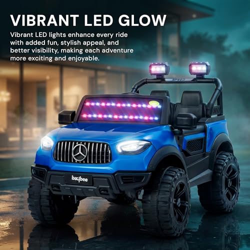 Image of Baybee BeastX Battery Operated Jeep for Kids with Parental Control | Baby Ride On Electric Car with RGB Lights, Music & Swing Mode | Rechargeable Battery Car for Kids 2 to 6 Years (Metallic Blue)