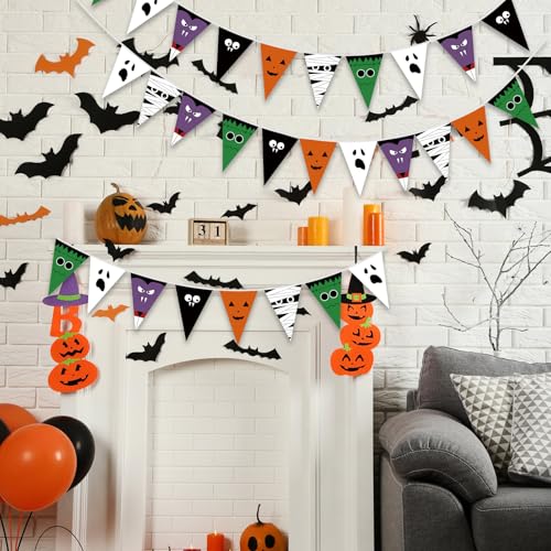 Image of 5 Pcs 49 ft Happy Halloween Banner Indoor Outdoor Halloween Party Decorations Pumpkin Ghost Banner Flags Haunted House Trunk or Treat Backdrop Garland for Wall Mantel Party Favors Supplies