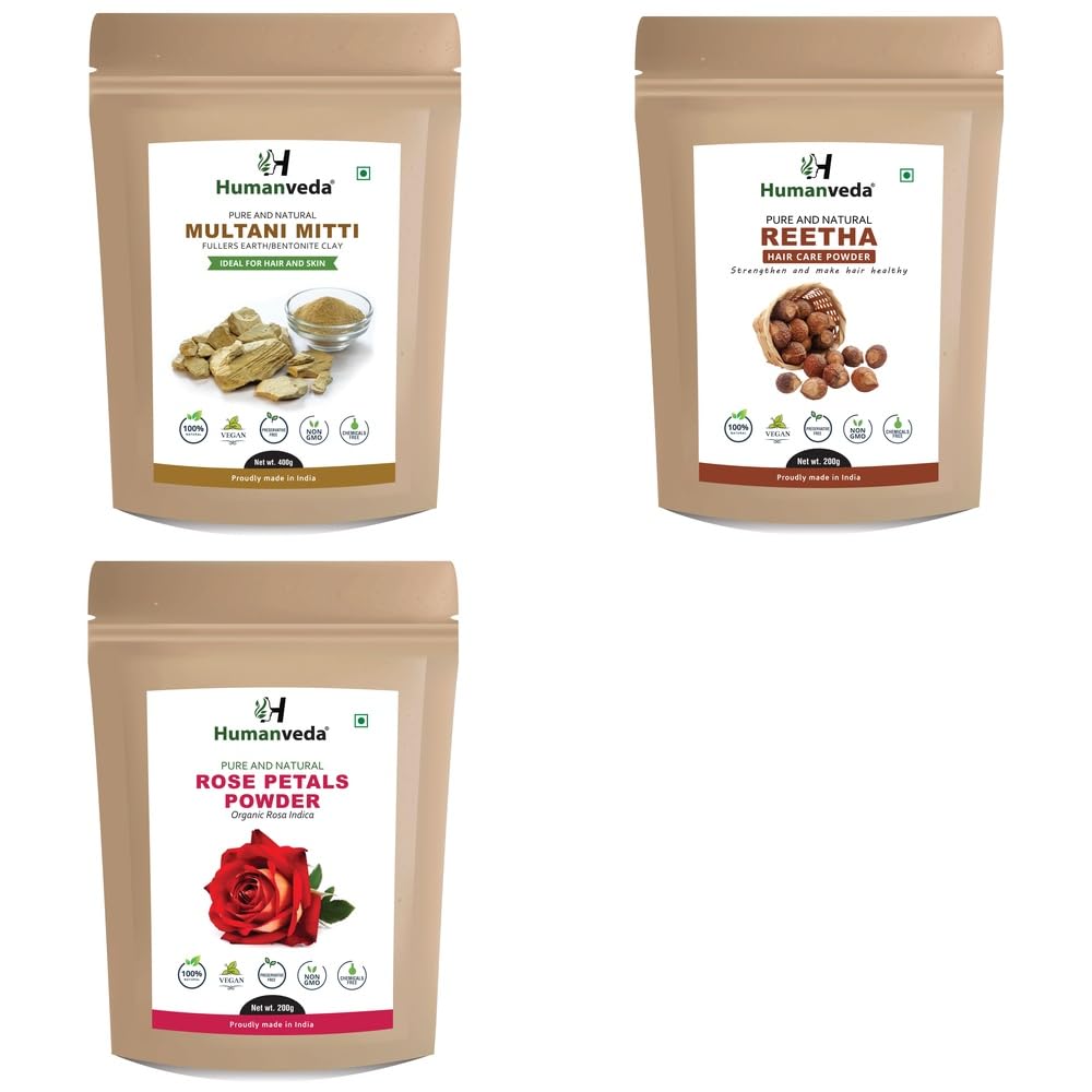 Pure Multani Mitti Fuller's Earth, Reetha Soapnut Powder and Rose Petal Powder Combo Pack for Comprehensive Hair Care and Radiant Glowing Skin Rejuvenation 100% Natural Organic Herbal Fine Powder F-picture-22