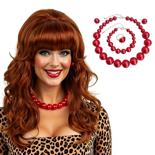 MEDISIFA Copper Red Long Curly Beehive Wig with Red Pearl Necklace Vintage Wig with bangs for Women Costume Cosplay Fancy Dress 60s 70s Retro Wigs