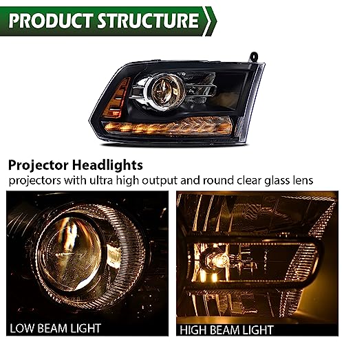 Image of GRAND ORANGE LED Bar Plank Style Headlights Assembly Compatible with 2013-2018 Dodge Ram 1500 2500 3500 FACTORY PROJECTOR 9 PIN MODEL Clear Lens Black Housing Amber Reflector