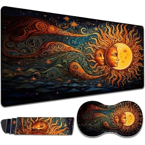 TCG Gaming Pad + Wrist Pad Set, MTG Play Mat Office Mouse Pad 24 "x 14", Table Mat Edge Stitched Non-Slip Base - Moon and Sun Cover