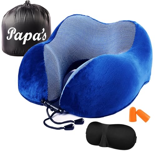 PAPA'S ® Travel Pillow Comfortable Neck and Head Support travel pillow for airplane Cars Trains Office Memory Foam Neck Pillow for travel Set with eye mask for sleeping ear plugs and a carry bag PAPA'S ® Travel Pillow Comfortable Neck and Head Support travel pillow for airplane Cars Trains Office Memory Foam Neck Pillow for travel Set with eye mask for sleeping ear plugs and a carry bag