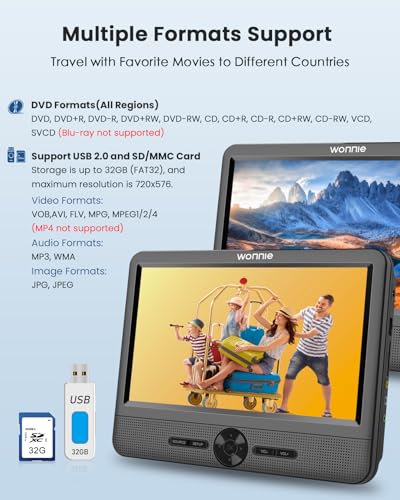 WONNIE 10 Inch Car DVD Players, Portable DVD Player Dual Screen Play Two Different or The Same Movie with 2 Headrest Mount, 5H Rechargeable Battery, Last Memory, AV Out/in, Support USB/SD/Sync TV