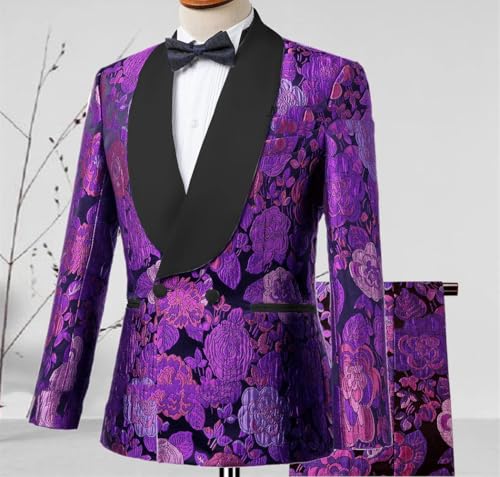 Mens Textured Floral Suit Two Piece Set Satin Collar Blazer and Pants for Formal Event Party Wear2